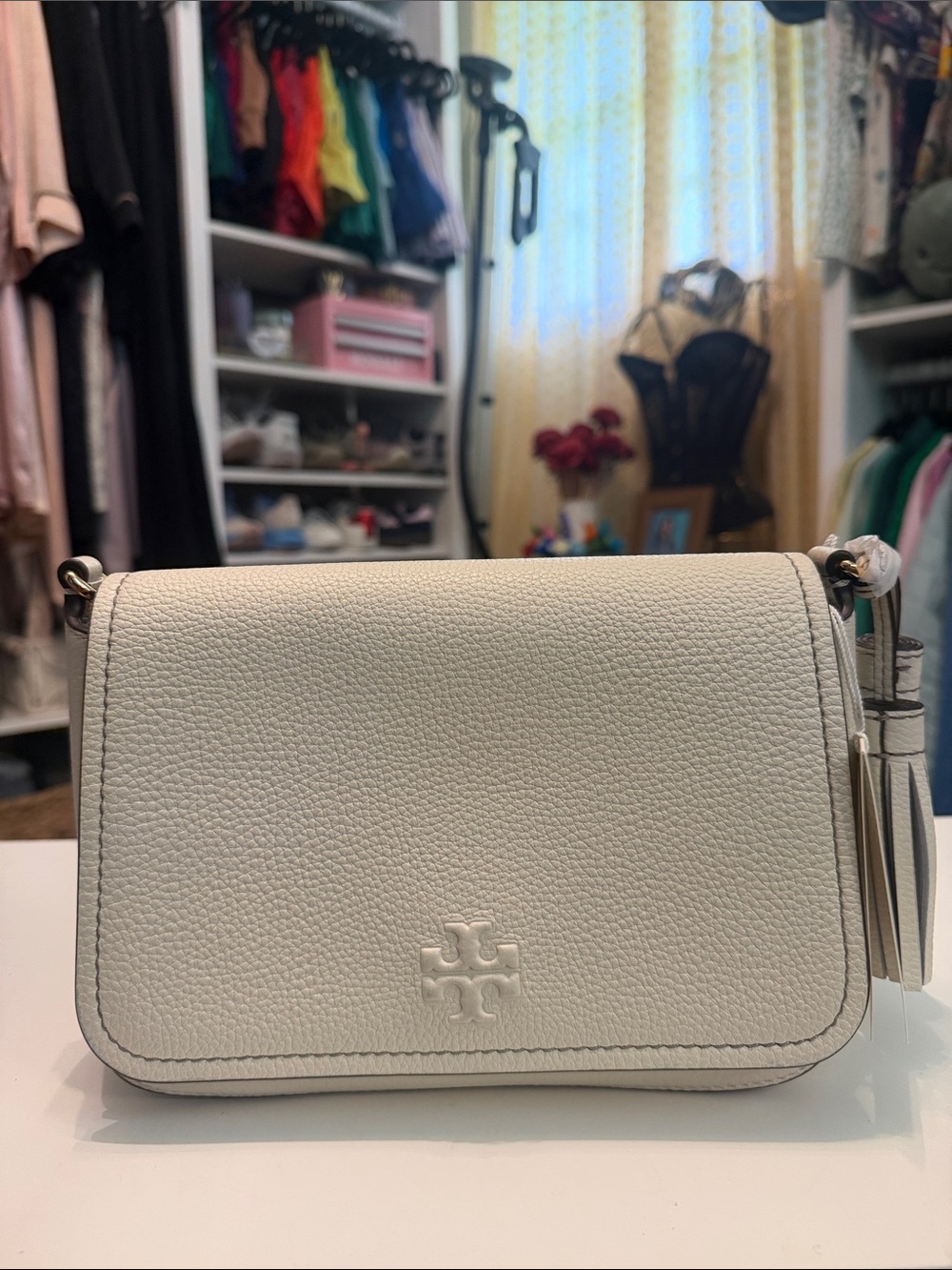 Tory Burch Thea Flap Pebbled Leather Cream Crossbody with Tassel